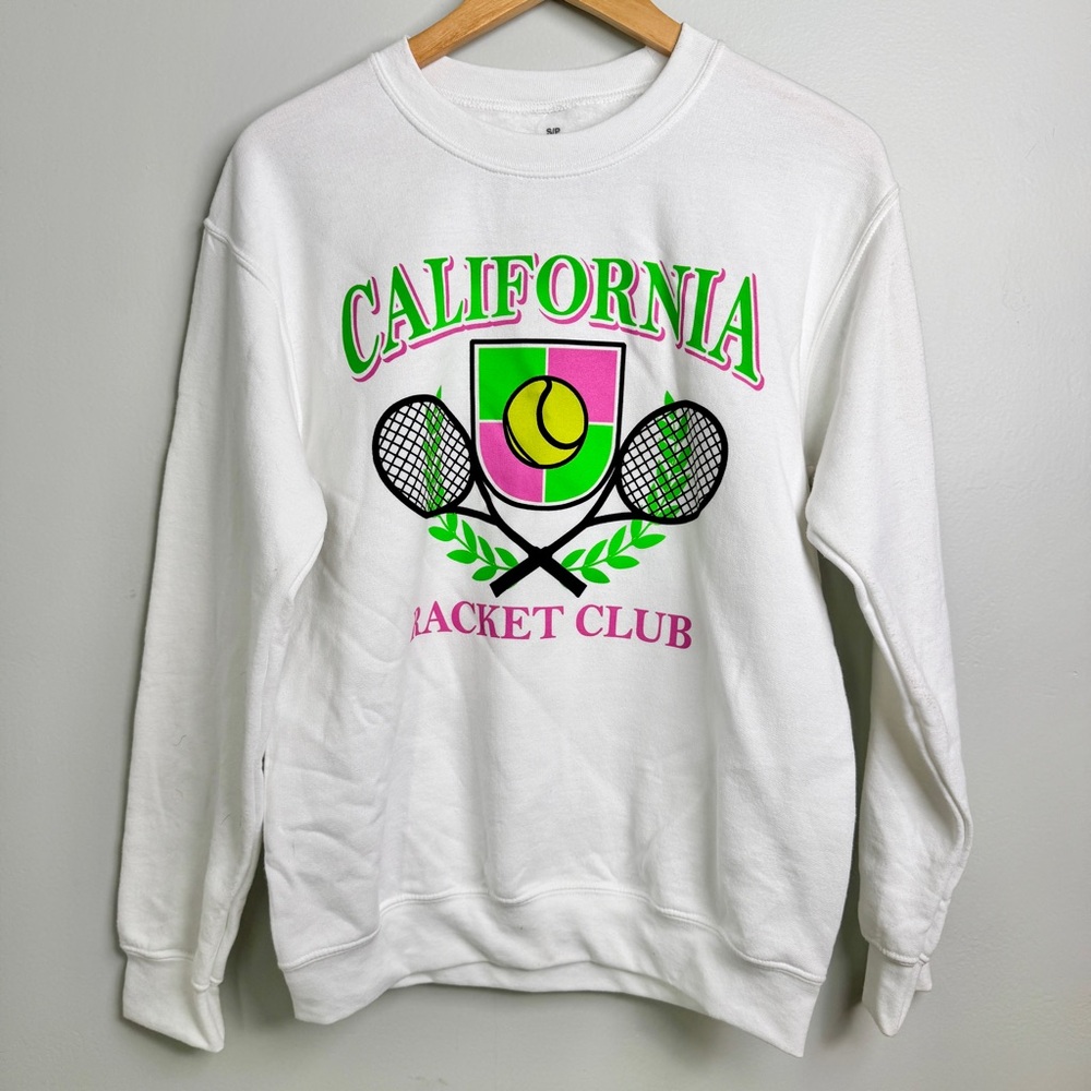 CALIFORNIA Raquet Club Tennis Women's Sz Small White Graphic Crewneck Sweatshirt